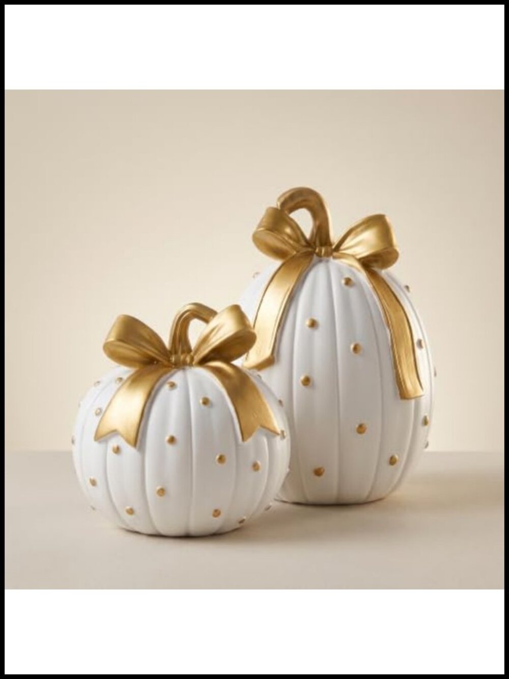 Set of 2 Resin Pumpkin Figurines with Bow for Fall Thanksgiving Decor
